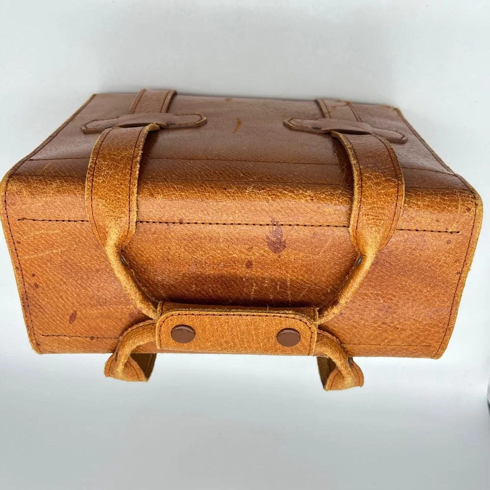 Vintage Camera Bag Brown Leather Train Luggage Small Travel Bag Gold Tone‎ Lock